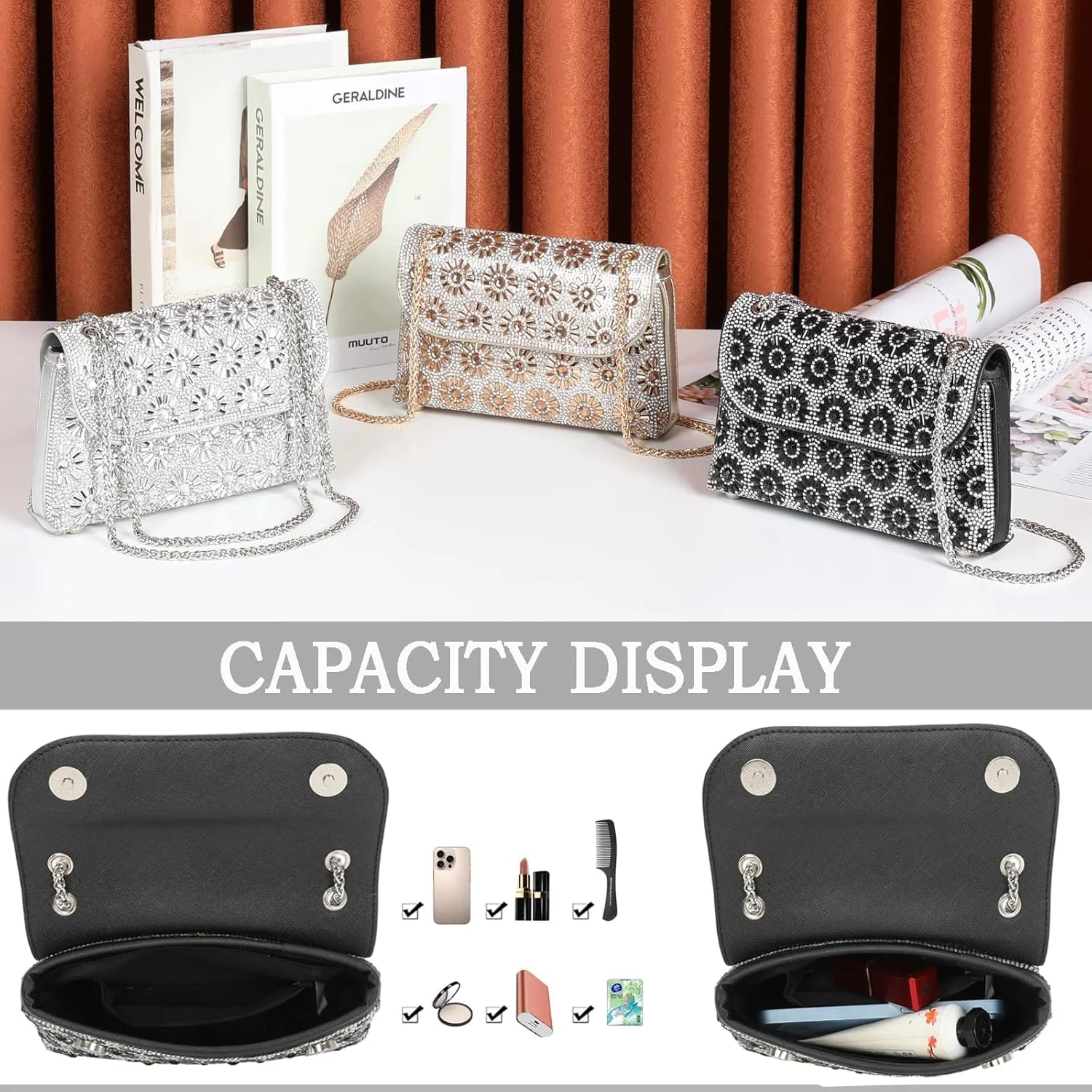 کیف دستی کلاچ با زنجیر و تزیینات کریستالی نگین دار، کیف دوشی، کیف مجلسی، کیف کراس بادی، کیف پول و کیف دستی با دکمه های مغناطیسی برای زنان و دختران