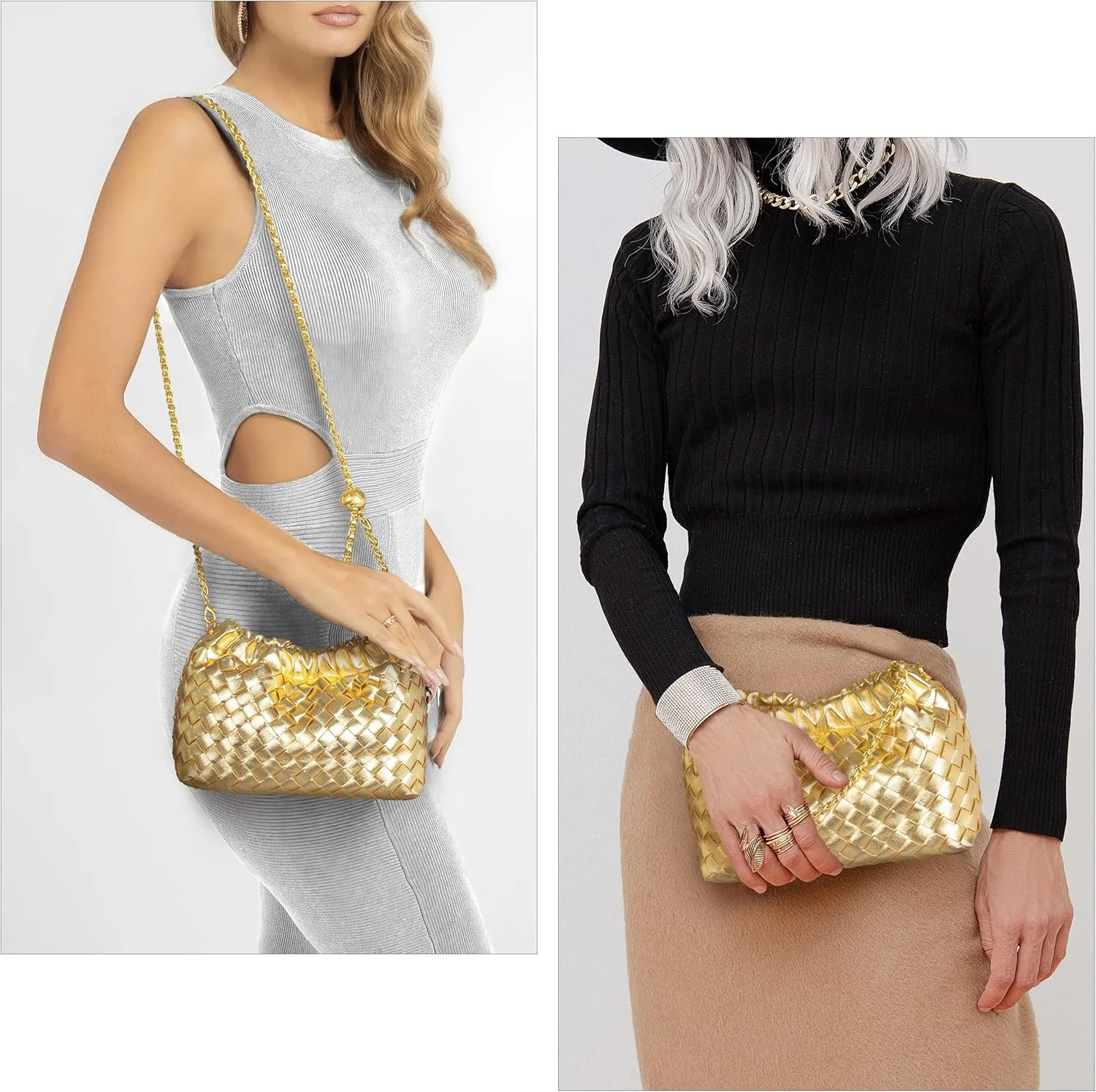 کیف دوشی کوچک زنانه، کیف دوشی و کیف مجلسی بافتنی زنانه، کلاچینگ مد روز و کیف شانه ای ابری مدل دامپلینگ (طلایی)