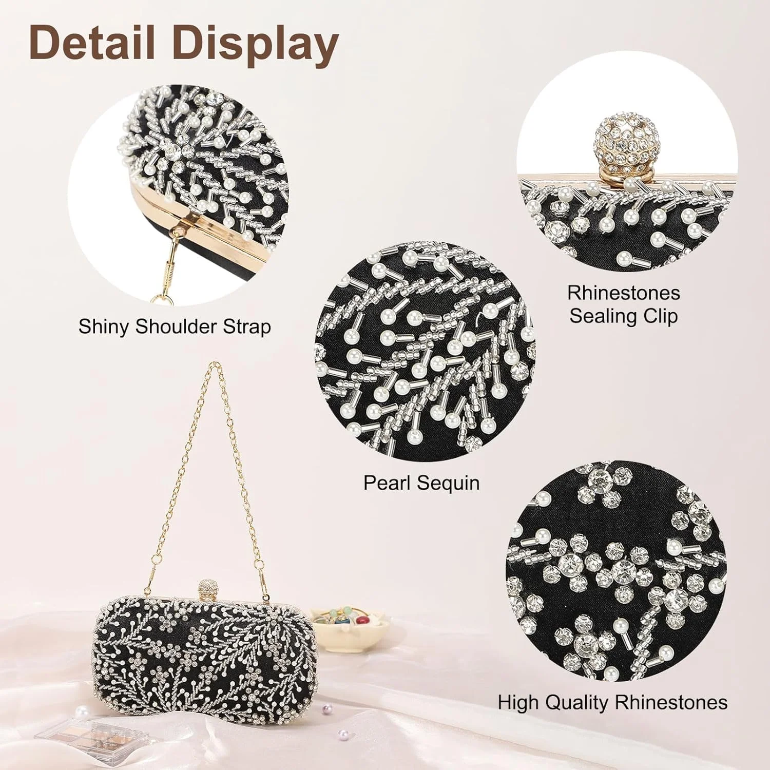 کیف دستی مجلسی زنانه کریستالی، کیف پول پولکی و اکلیلی درخشان، کیف دستی زنانه برای عروسی، مهمانی، کلوپ، مشکی