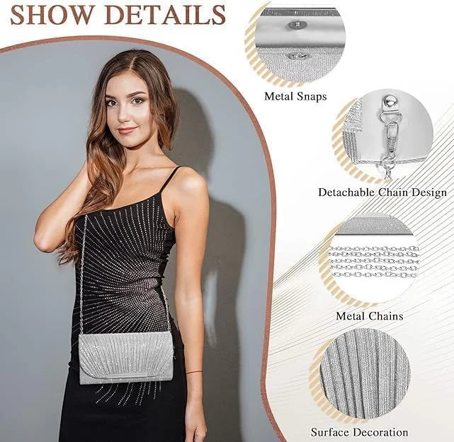 کیف دستی مجلسی زنانه، کیف کوچک براق و درخشان با زنجیر جداشدنی مناسب لباس رسمی، عروسی، مهمانی