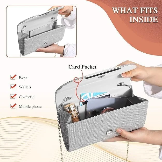 کیف دستی مجلسی زنانه، کیف کوچک براق و درخشان با زنجیر جداشدنی مناسب لباس رسمی، عروسی، مهمانی