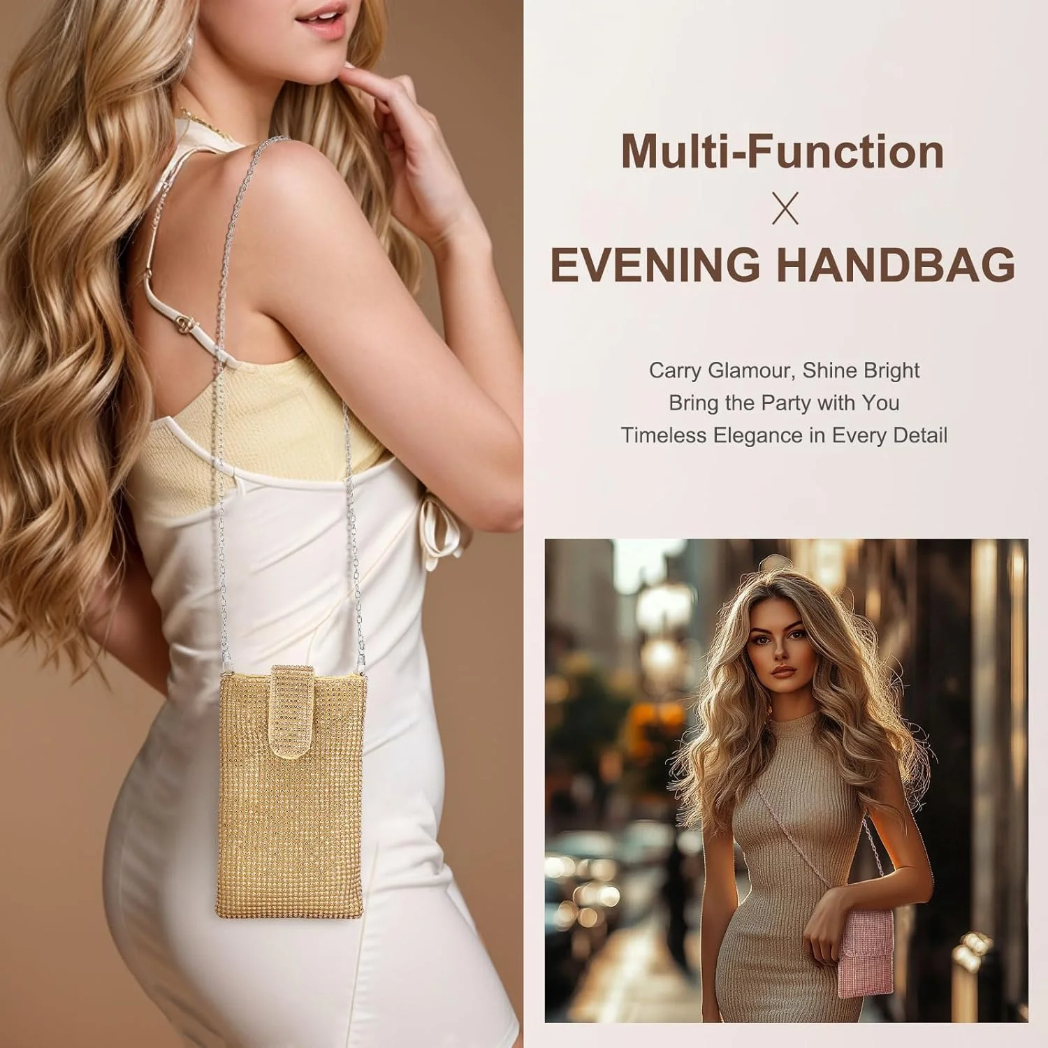 کیف دستی مجلسی زنانه، کیف کلاچ، کیف رودوشی کوچک کریستالی و نگین دار براق مناسب مهمانی عروسی