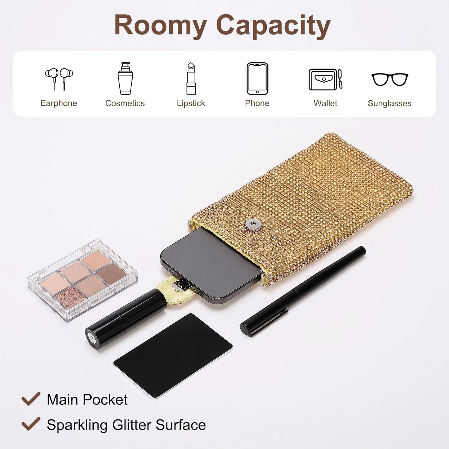 کیف دستی مجلسی زنانه، کیف کلاچ، کیف رودوشی کوچک کریستالی و نگین دار براق مناسب مهمانی عروسی