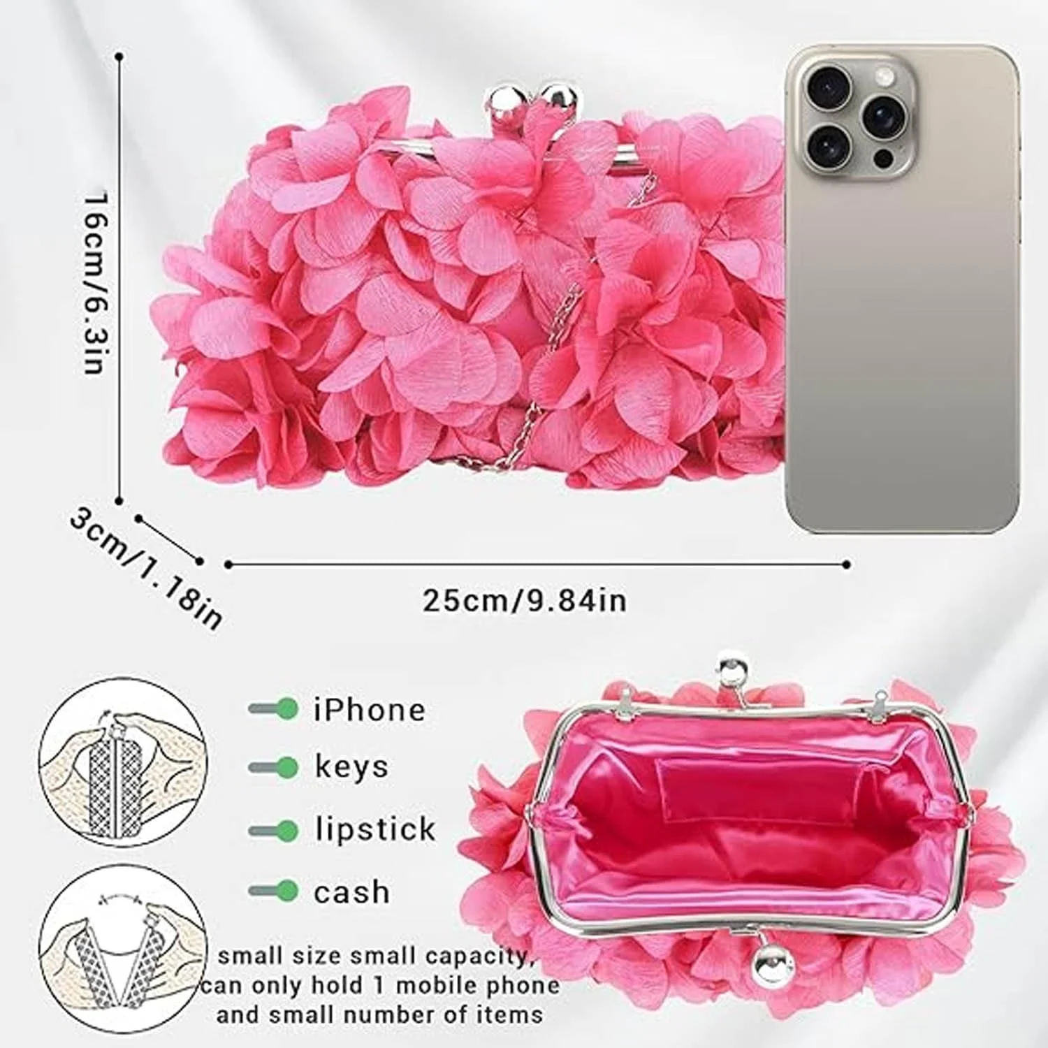 کیف دستی مجلسی زنانه با طرح گل سه بعدی و زنجیر، کیف دستی شب زنانه با تزیینات گل، کیف دستی کوچک زنانه با استایل سفارشی ممتاز