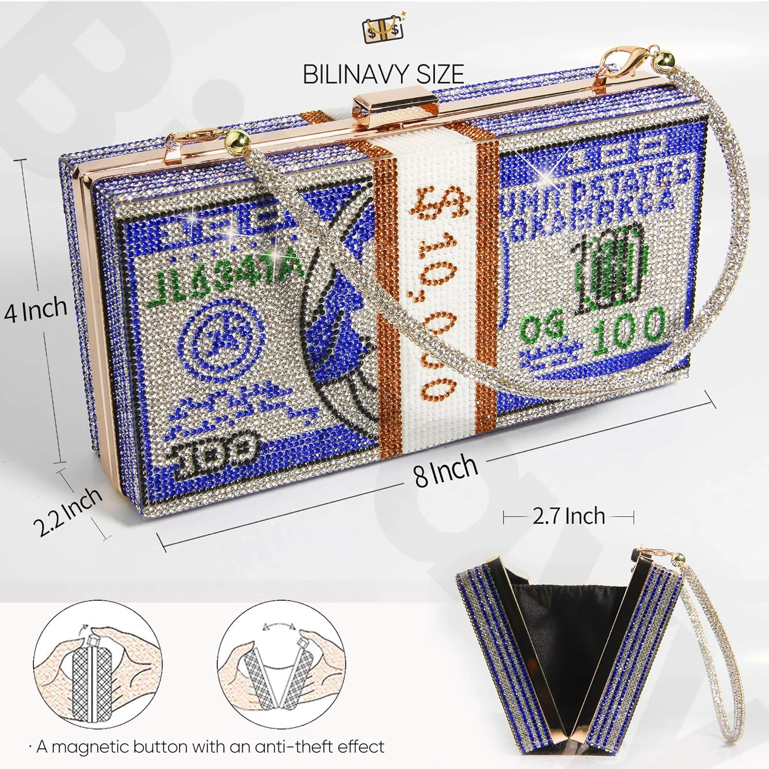 کیف پول کلاچ زنانه با طرح پول و کریستال