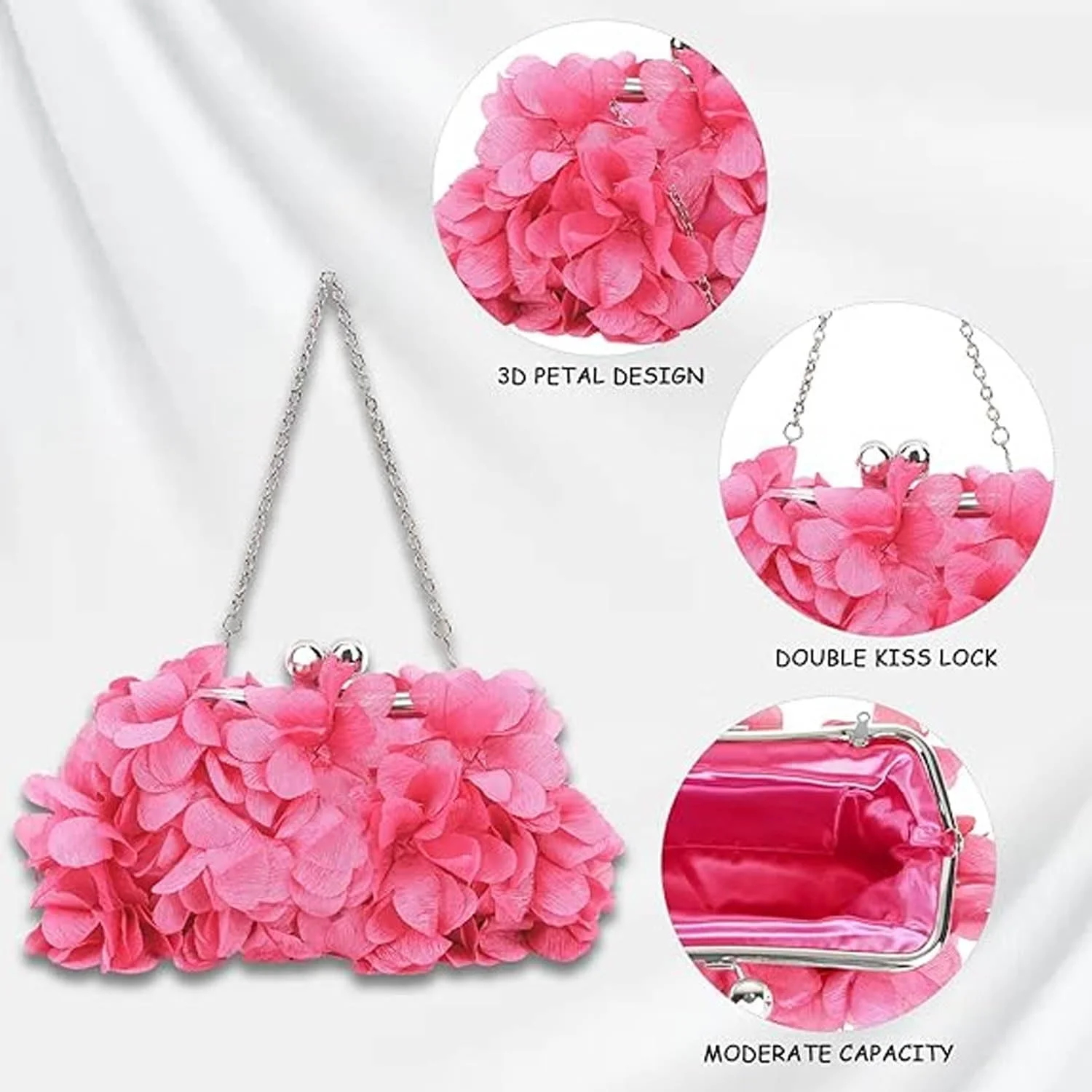 کیف دستی مجلسی زنانه با طرح گل سه بعدی و زنجیر، کیف دستی شب زنانه با تزیینات گل، کیف دستی کوچک زنانه با استایل سفارشی ممتاز