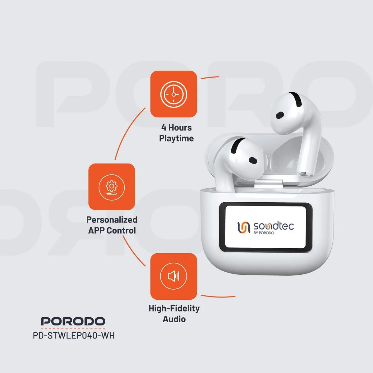 هدفون بیسیم Porodo Soundtec TWS ANC+ENC با صفحه لمسی، کنترل از طریق اپلیکیشن اختصاصی، صدای با کیفیت عالی، کنترل لمسی، شارژ Type-C، ۴ ساعت پخش موسیقی، بلوتوث V5.4، برد ۱۰ متر - سفید هدفون بیسیم Porodo Soundtec TWS ANC+ENC با صفحه لمسی، کنترل از طریق اپلیکیشن اختصاصی، صدای با کیفیت عالی، کنترل لمسی، شارژ Type-C، ۴ ساعت پخش موسیقی، بلوتوث V5.4، برد ۱۰ متر - سفید