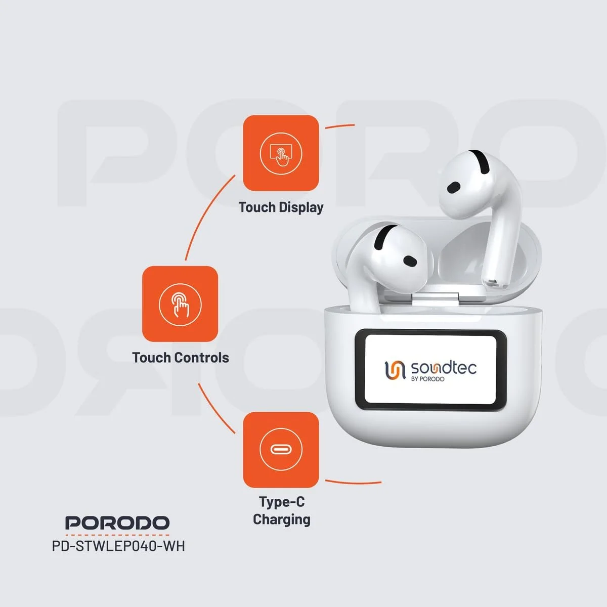هدفون بیسیم Porodo Soundtec TWS ANC+ENC با صفحه لمسی، کنترل از طریق اپلیکیشن اختصاصی، صدای با کیفیت عالی، کنترل لمسی، شارژ Type-C، ۴ ساعت پخش موسیقی، بلوتوث V5.4، برد ۱۰ متر - سفید هدفون بیسیم Porodo Soundtec TWS ANC+ENC با صفحه لمسی، کنترل از طریق اپلیکیشن اختصاصی، صدای با کیفیت عالی، کنترل لمسی، شارژ Type-C، ۴ ساعت پخش موسیقی، بلوتوث V5.4، برد ۱۰ متر - سفید