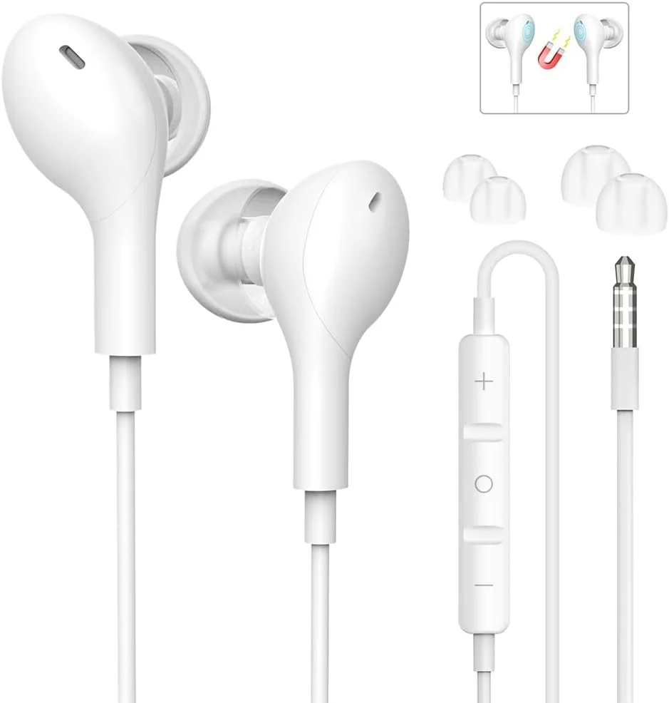 هدفون سیمی NALACAL با میکروفون، هدفون های استریو HiFi داخل گوشی، هدفون های سیمی با قابلیت حذف نویز، سازگار با آیفون، سامسونگ، لپ تاپ و تمام دستگاه های 3.5 میلی متری - سفید