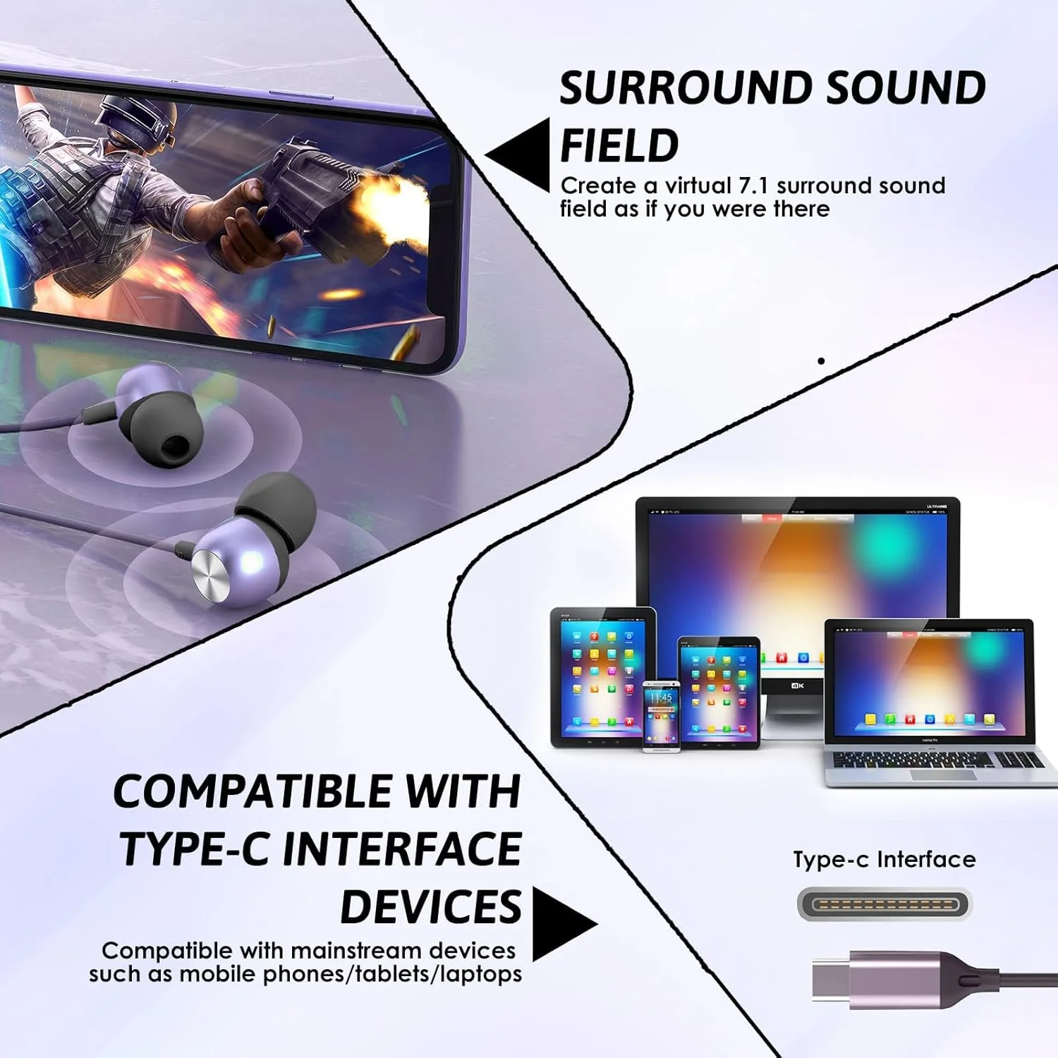 هدفون USB-C نالاکال، هدفون سیمی تایپ C داخل گوشی با ساب ووفر، صدای استریو HiFi، صدای رمزگشایی شده دیجیتال، میکروفون و کنترل صدا، سازگار با دستگاه های USB-C