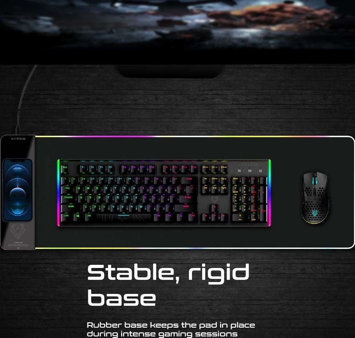 پد ماوس گیمینگ LED ضد اصطکاک Vertux RaftPad-Qi با شارژر وایرلس 15 واتی | VE.RAFTPAD-QL.BK