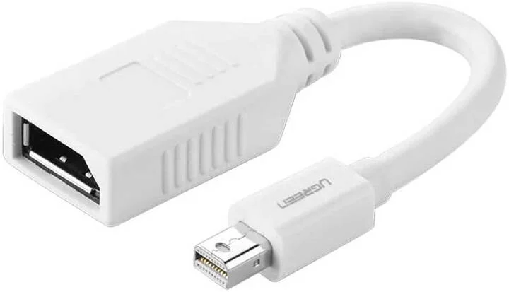 کابل تبدیل Mini DisplayPort نری به DisplayPort مادگی یوگرین مدل 10445، تا 8.64 گیگابیت بر ثانیه، انتقال داده 8b/10b، انتقال پهنای باند کامل 2560x1600p @ 60Hz، طول 0.15 متر/15 سانتی متر، سفید | 10445