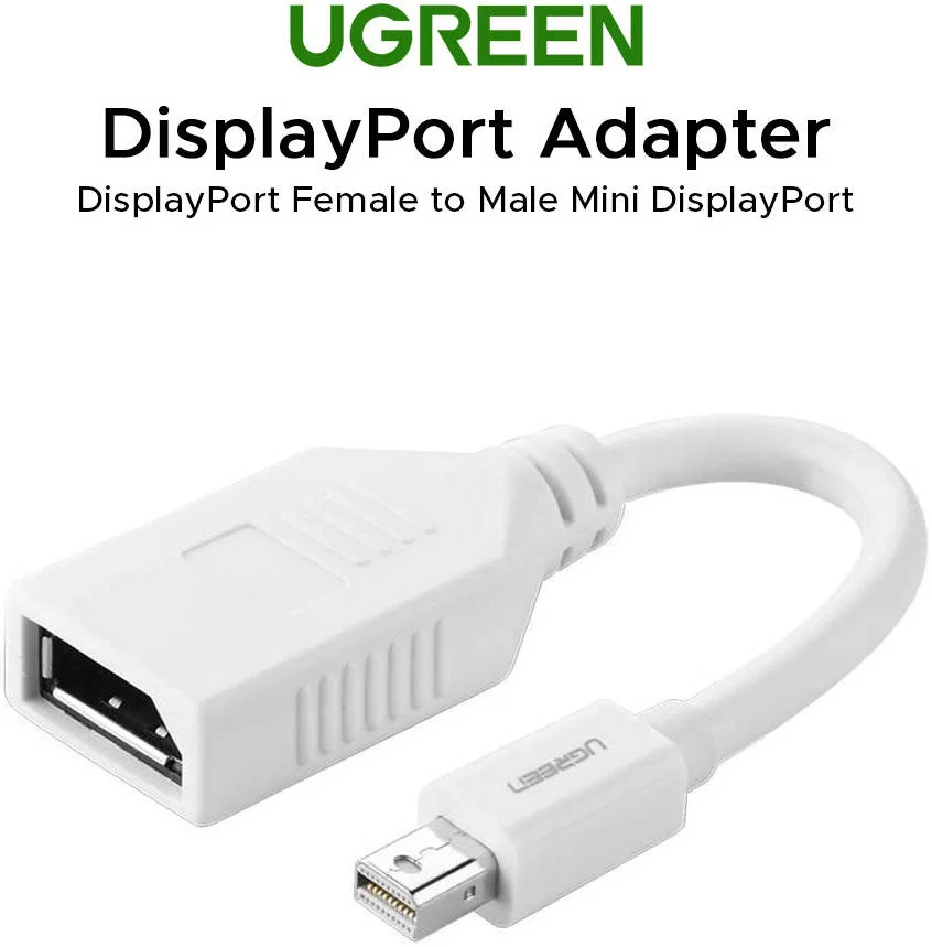 کابل تبدیل Mini DisplayPort نری به DisplayPort مادگی یوگرین مدل 10445، تا 8.64 گیگابیت بر ثانیه، انتقال داده 8b/10b، انتقال پهنای باند کامل 2560x1600p @ 60Hz، طول 0.15 متر/15 سانتی متر، سفید | 10445 کابل تبدیل Mini DisplayPort نری به DisplayPort مادگی یوگرین مدل 10445، تا 8.64 گیگابیت بر ثانیه، انتقال داده 8b/10b، انتقال پهنای باند کامل 2560x1600p @ 60Hz، طول 0.15 متر/15 سانتی متر، سفید | 10445