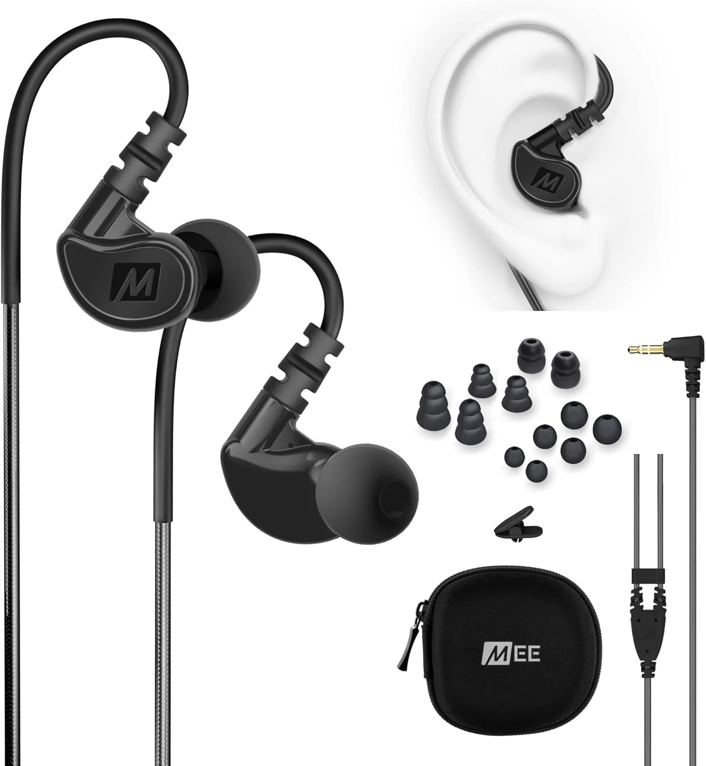 هدفون های داخل گوشی سیمی ورزشی ضد عرق MEE audio M6 با پلاگین 3.5 میلی متری و قلاب های سیم حافظه مشکی، Earphone-M6-BK-MEE, M6-BK