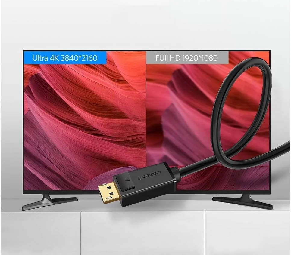 کابل Display Port به Display Port یوگرین، رزولوشن 4K 60 هرتز، سرعت انتقال داده 21.6 گیگابیت بر ثانیه، کانکتور روکش طلا، جنس کابل ABS، طول کابل 1.5 متر، مشکی | 10245