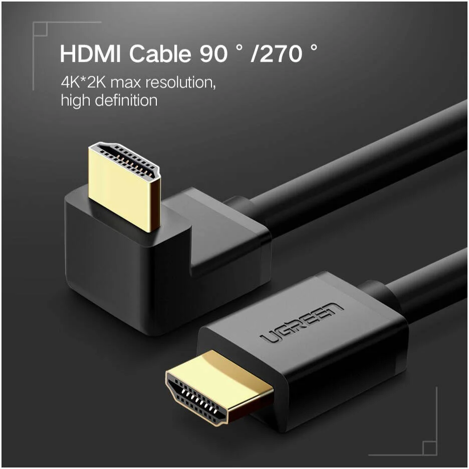 کابل HDMI زاویه راست 90 درجه UGREEN HD103 طول 2 متر، کابل HDMI 4K، ورژن 2.0، کابل HDMI سرعت بالا، کابل HDMI با روکش طلا، کابل نر به نر، مشکی | 10173