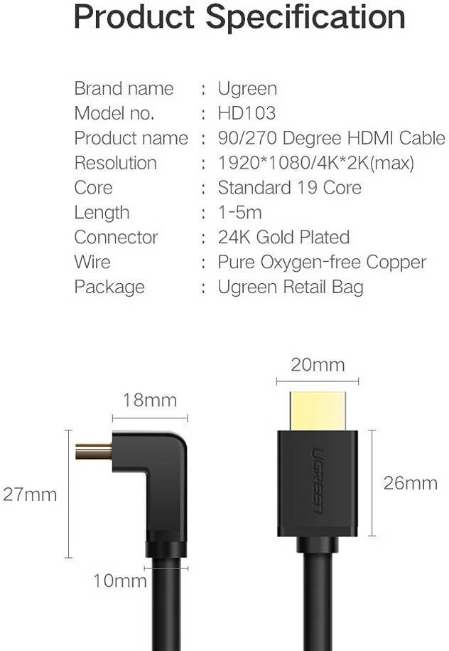 کابل HDMI زاویه راست 90 درجه UGREEN HD103 طول 2 متر، کابل HDMI 4K، ورژن 2.0، کابل HDMI سرعت بالا، کابل HDMI با روکش طلا، کابل نر به نر، مشکی | 10173
