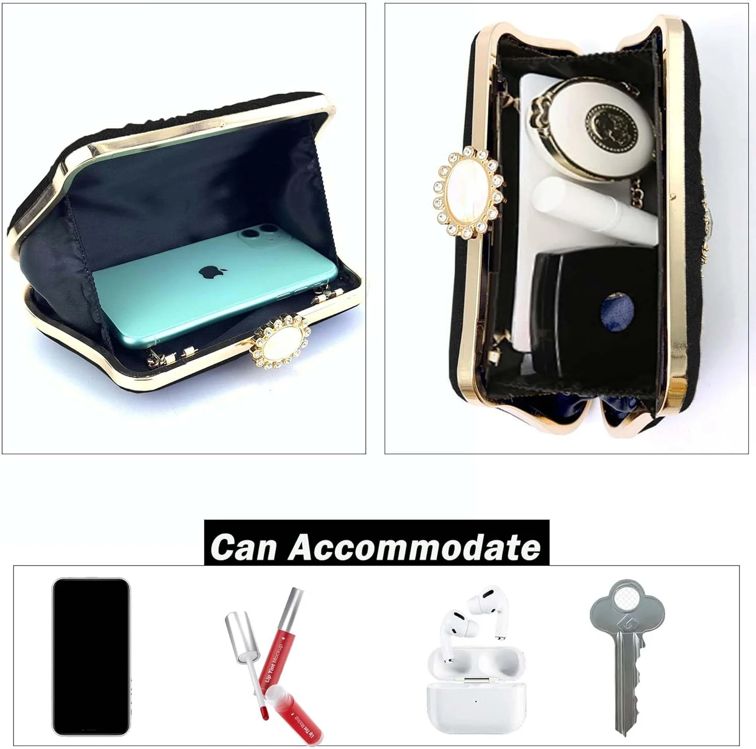 کیف دستی مجلسی زنانه آزونه با پولک، کیف دستی شب الماس دار تاشو، کیف دستی شب درخشان، کیف پول زنانه دخترانه عروس با سنگ های تزئینی برای مهمانی عروسی، مشکی