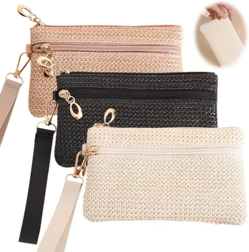 کیف دستی حصیری زنانه آزونه، کیف پول کوچک مچی، کیف ساحلی تابستانی با بند مچی، مناسب برای تلفن، عینک آفتابی، کارت، کلید و لوازم آرایشی - 3 عددی