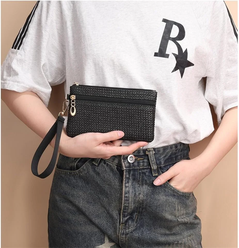 کیف دستی حصیری زنانه آزونه، کیف پول کوچک مچی، کیف ساحلی تابستانی با بند مچی، مناسب برای تلفن، عینک آفتابی، کارت، کلید و لوازم آرایشی - 3 عددی