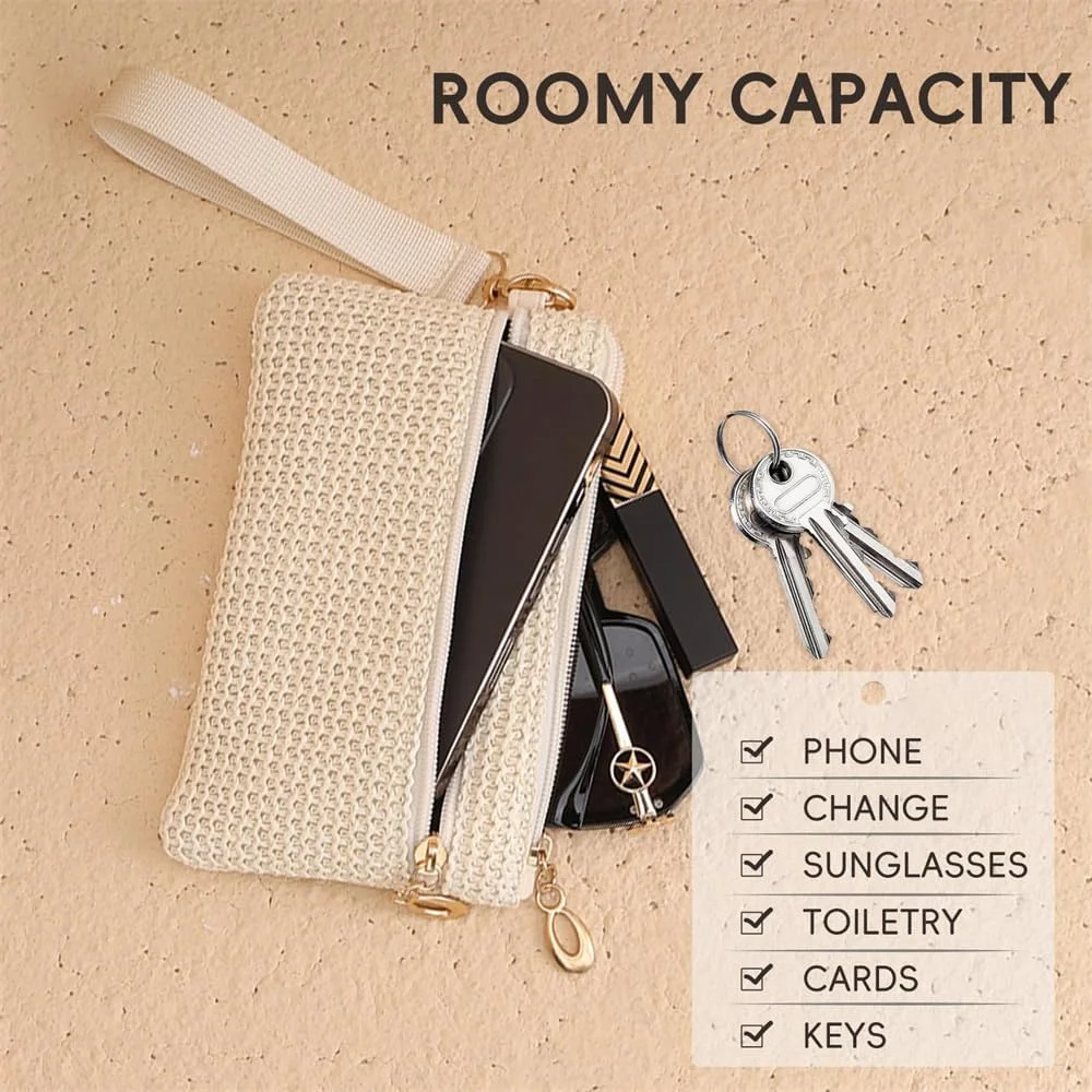 کیف دستی حصیری زنانه آزونه، کیف پول کوچک مچی، کیف ساحلی تابستانی با بند مچی، مناسب برای تلفن، عینک آفتابی، کارت، کلید و لوازم آرایشی - 3 عددی