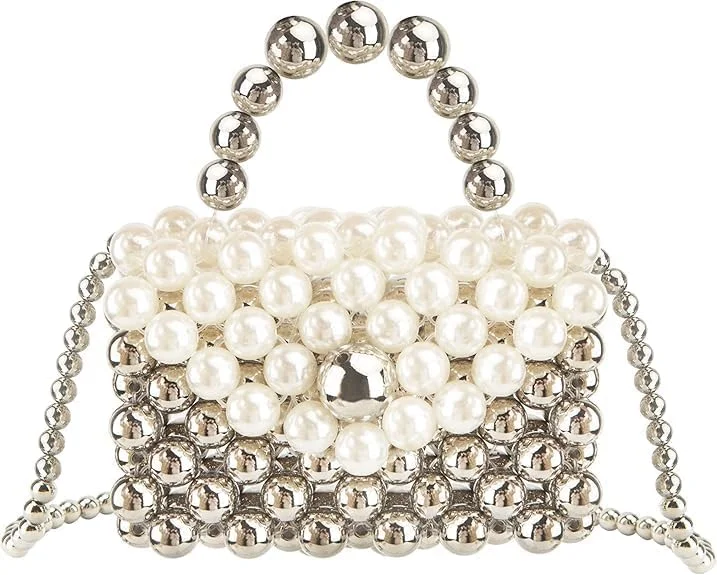 کیف دستی زنانه آزونه با مهره های مرواریدی سفید، کیف مجلسی تزئین شده با مروارید، زیبا و شیک، مناسب برای مهمانی ها و عروسی ها