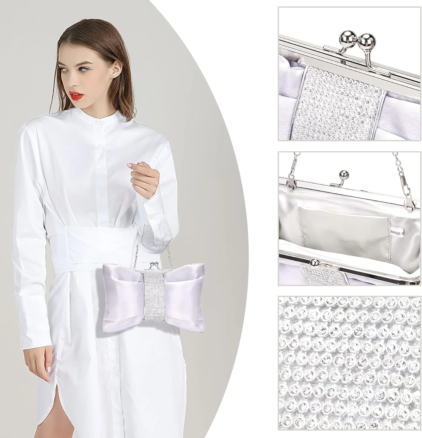 کیف دستی مجلسی زنانه آزونه، کیف پول ساتن نقره ای با نگین و دو زنجیر، کیف دستی شب درخشان پاپیونی، کیف شانه عروس مجلسی زنانه برای مهمانی عروسی، جشن رقص، شام، 28x17 سانتی متر