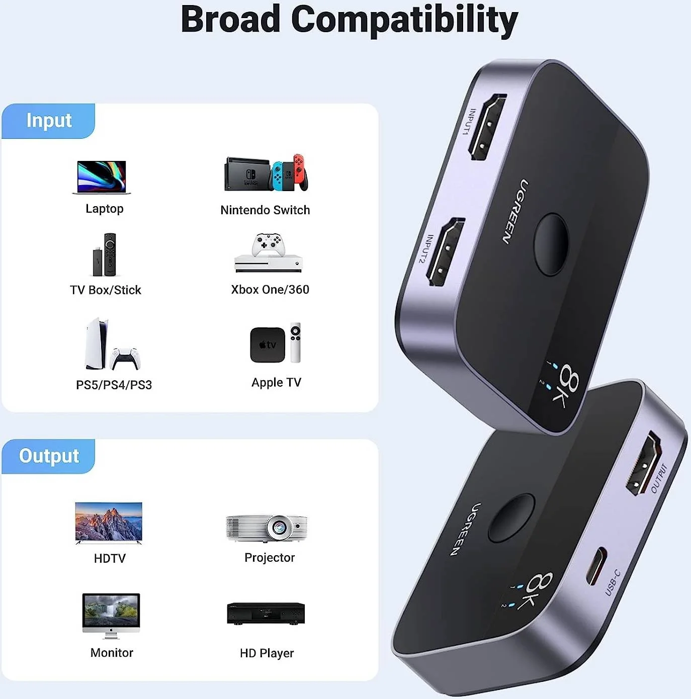 سوییچ HDMI 2.1 دو طرفه UGREEN با رزولوشن 8K@60Hz، اسپلیتر HDMI، 2 ورودی 1 خروجی و 1 ورودی 2 خروجی، سوییچر HDMI با رزولوشن 4K@120Hz، پشتیبانی از 3D/CEC/HDR/Dolby، سازگار با PS5/PS4 / Xbox Apple TV Blu-Ray Player | 90385 سوییچ HDMI 2.1 دو طرفه UGREEN با رزولوشن 8K@60Hz، اسپلیتر HDMI، 2 ورودی 1 خروجی و 1 ورودی 2 خروجی، سوییچر HDMI با رزولوشن 4K@120Hz، پشتیبانی از 3D/CEC/HDR/Dolby، سازگار با PS5/PS4 / Xbox Apple TV Blu-Ray Player | 90385