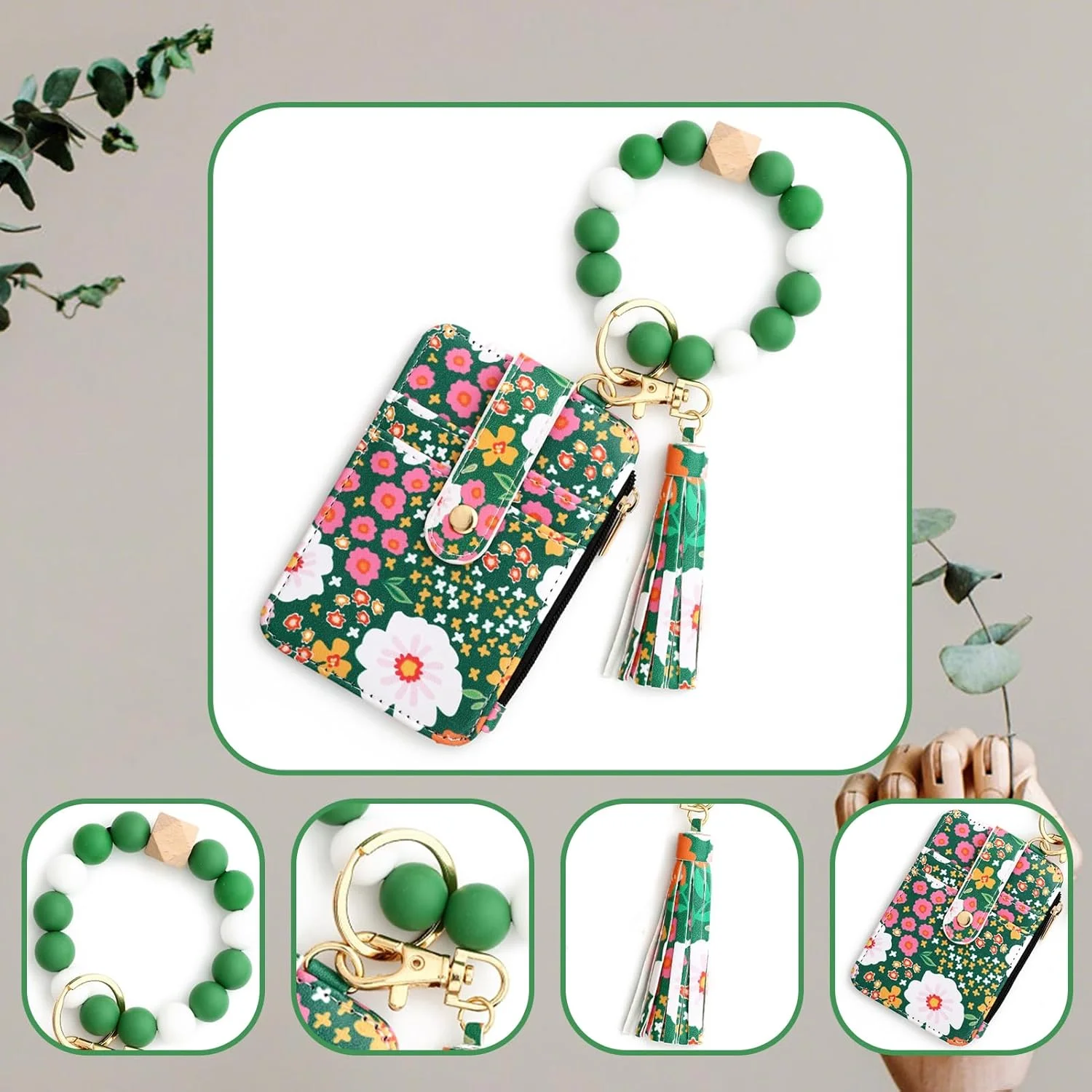 جاکلیدی دستبندی، کیف پول کارت اعتباری، کیف پول باریک زیپ دار، جاکلیدی النگویی مهره ای سیلیکونی منگوله دار برای زنان