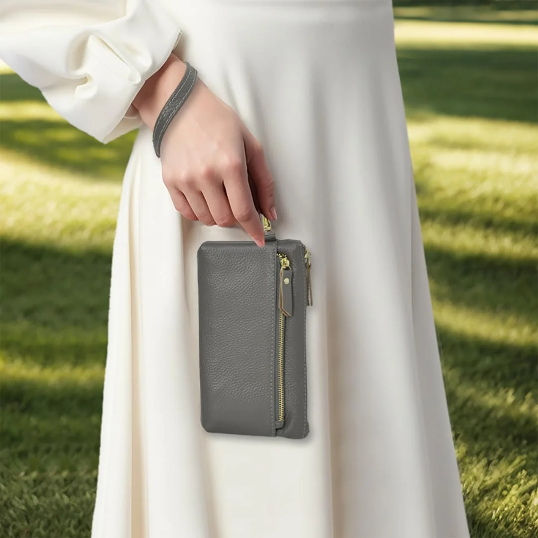 کیف پول مچی چرم اصل NGIL با محافظ RFID، کیف پول مچی زیپ دار زنانه، خاکستری