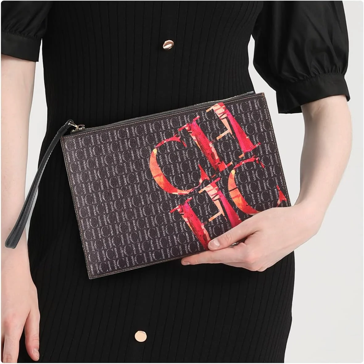 کیف پول کلاچ مچی چرم زنانه CHCH، کیف بزرگ و نرم با زیپ طلایی و بند (مشکی)