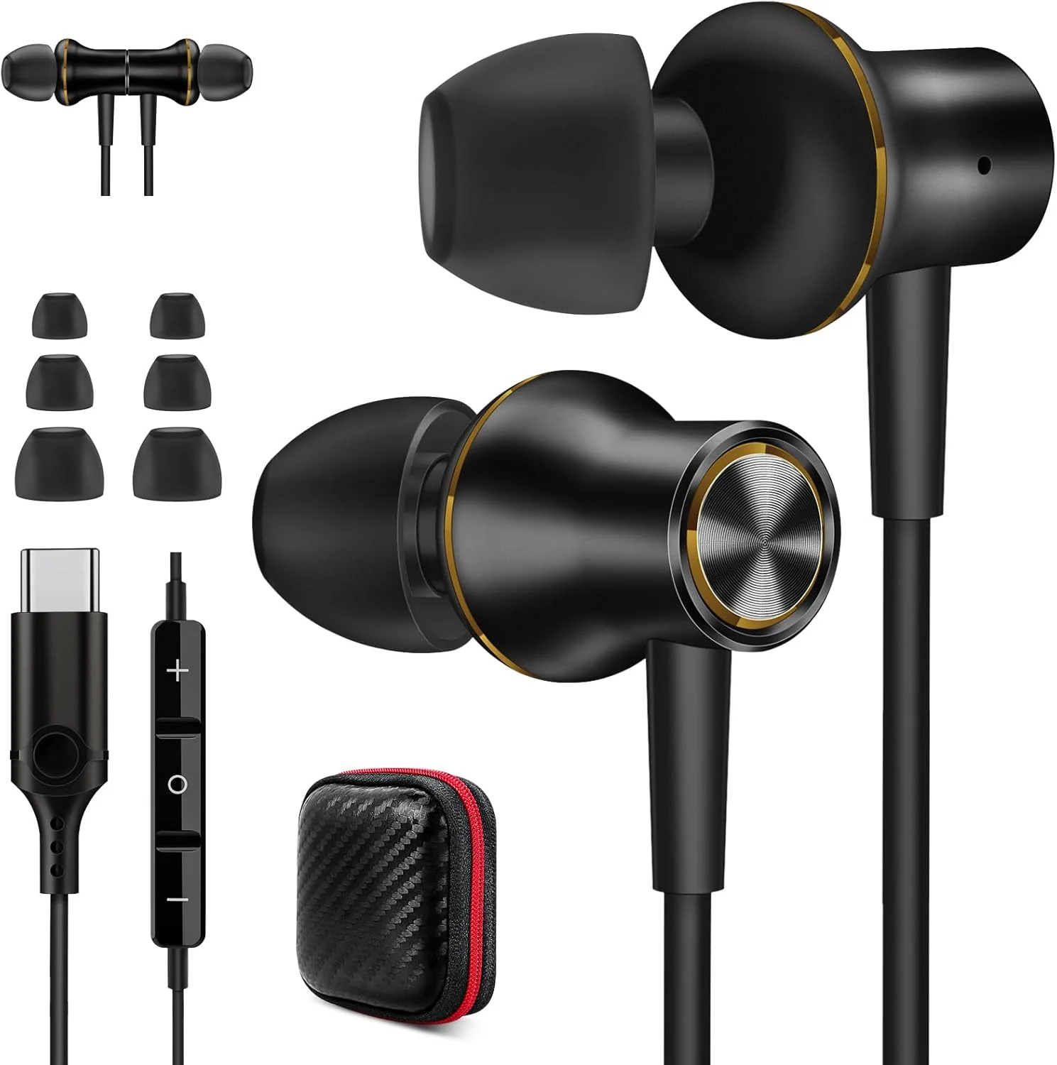 هدفون USB C جیونای برای آیفون، آیپد پرو، گلکسی و پیکسل - مشکی و طلایی هدفون USB C جیونای برای آیفون، آیپد پرو، گلکسی و پیکسل - مشکی و طلایی