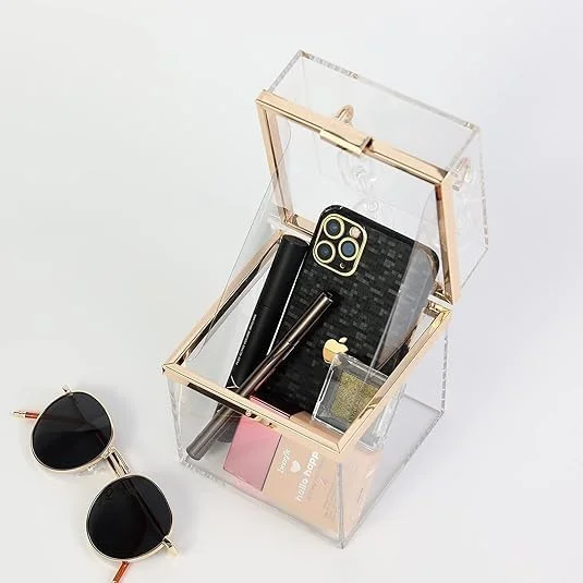 کیف دستی مجلسی شفاف اکریلیک با قاب سخت نئونی و زنجیر طلایی، کیف شب شفاف برای عروسی، مهمانی و مناسبت های خاص (شفاف)