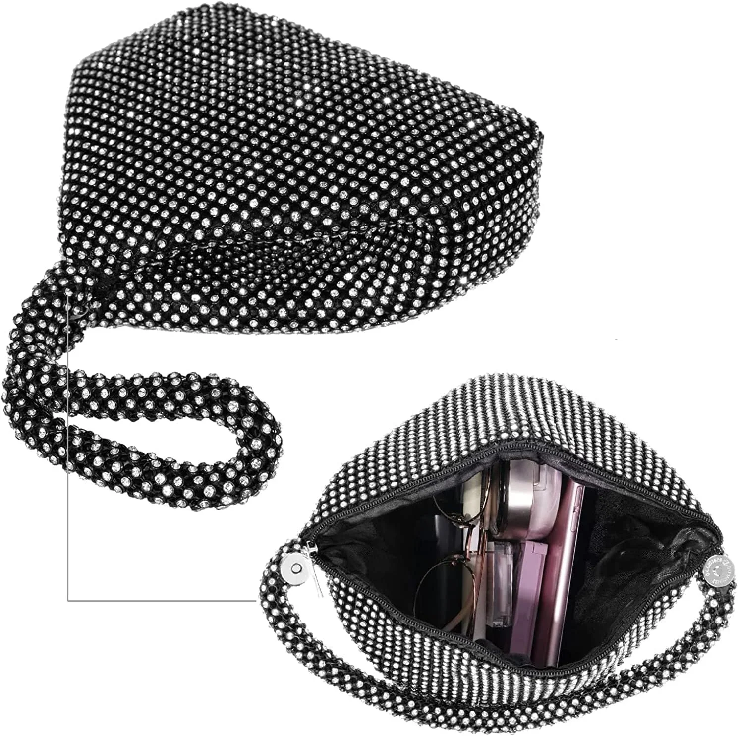 کیف مجلسی زنانه آرابست، کیف پول نگین دار درخشان، کیف کلاچ زنجیری مثلثی طراح دار، کیف دستی مهمانی، جشن و عروسی