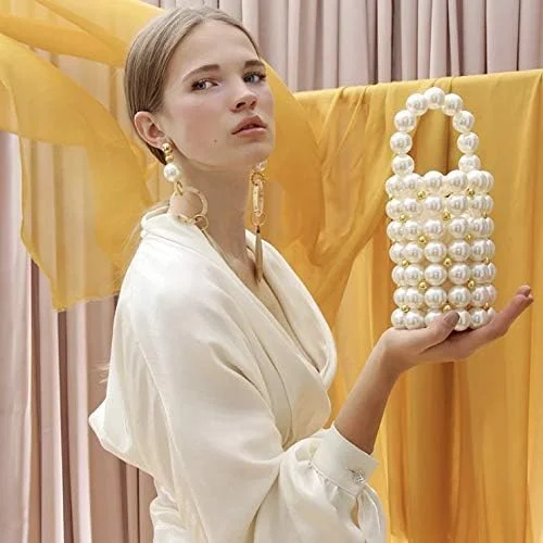 کیف دستی مهره دار YUSHINY زنانه با تزئین مروارید سفید، کیف های مجلسی با زنجیر جداشدنی و کیف داخلی، متوسط، سفید، طلایی، متوسط