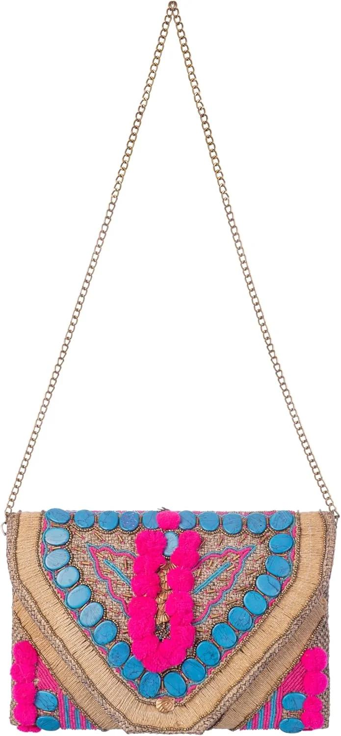 کیف کلاچ زنانه بافت جوت بوهمی - دست ساز با گلدوزی هنرمندانه کیف کلاچ زنانه بافت جوت بوهمی - دست ساز با گلدوزی هنرمندانه