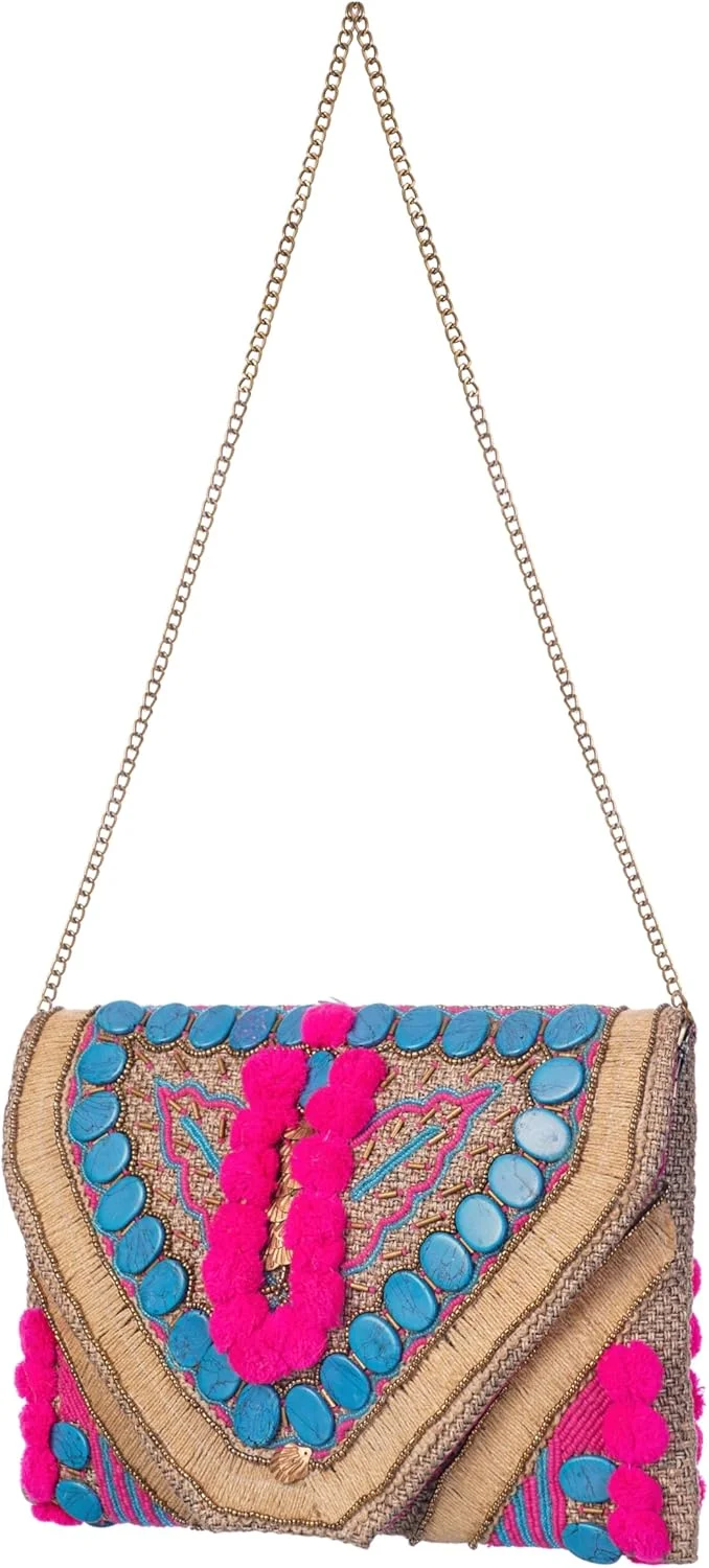 کیف کلاچ زنانه بافت جوت بوهمی - دست ساز با گلدوزی هنرمندانه