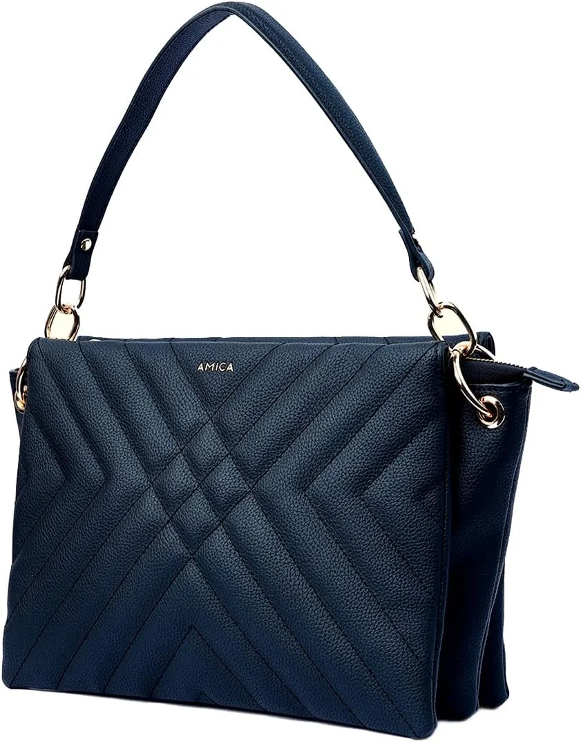 کیف دستی زنانه AMICA Alessia از چرم مصنوعی گیاهی مشکی با دسته بالایی و طرح لحافی، قابل تبدیل به کیف کلاچ با بافت سنگریزه ای