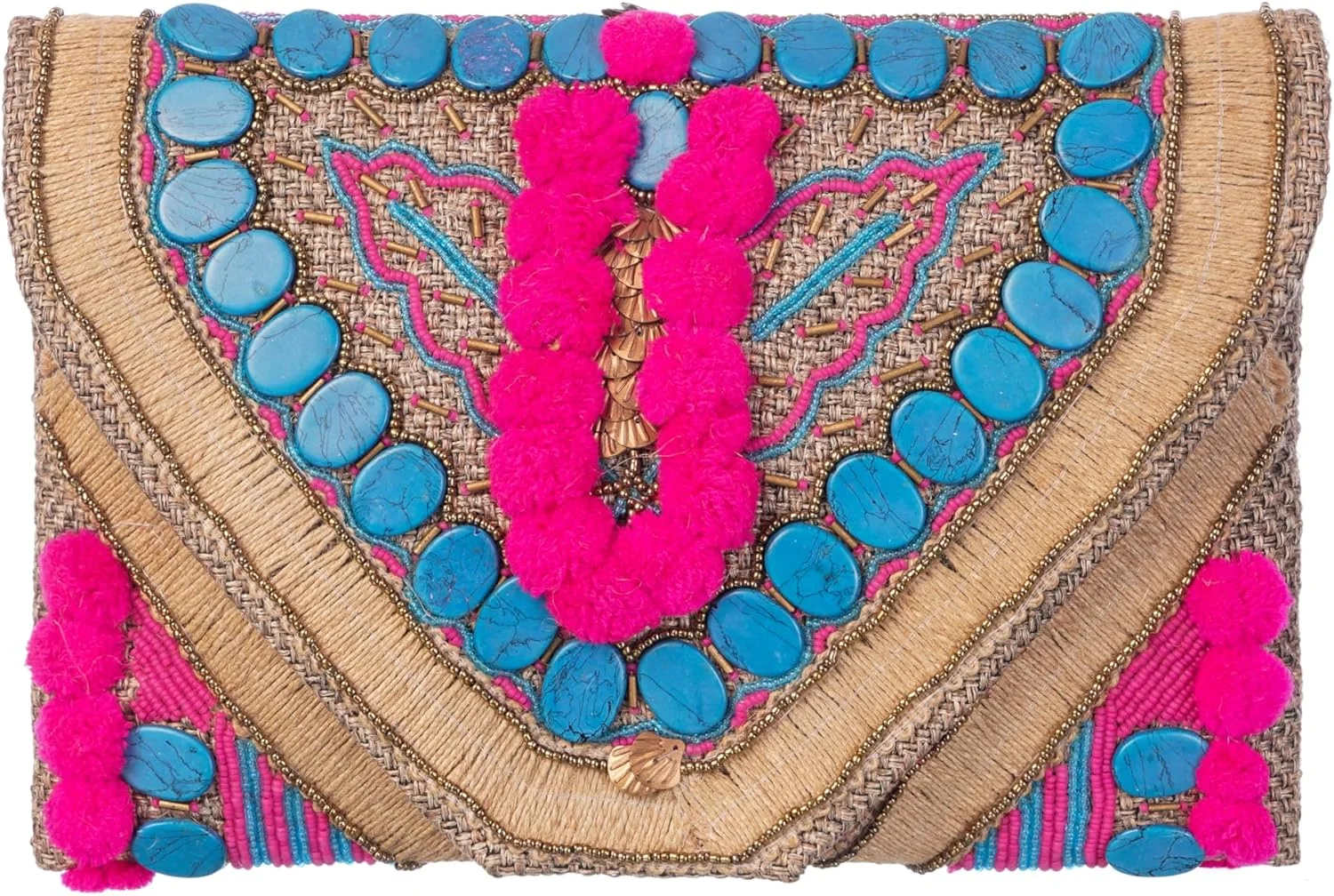 کیف کلاچ زنانه بافت جوت بوهمی - دست ساز با گلدوزی هنرمندانه