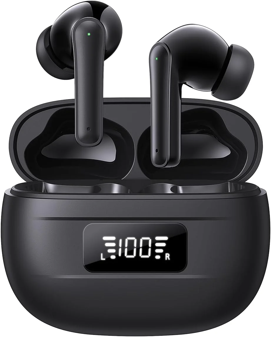 هدفون های بی سیم، گوشی های با استریو HiFi و بیس عمیق، گوشی های بلوتوث 5.3 با 6 میکروفون حذف نویز ENC، نمایشگر LED دوگانه، 50 ساعت پخش، IPX8 ضد آب