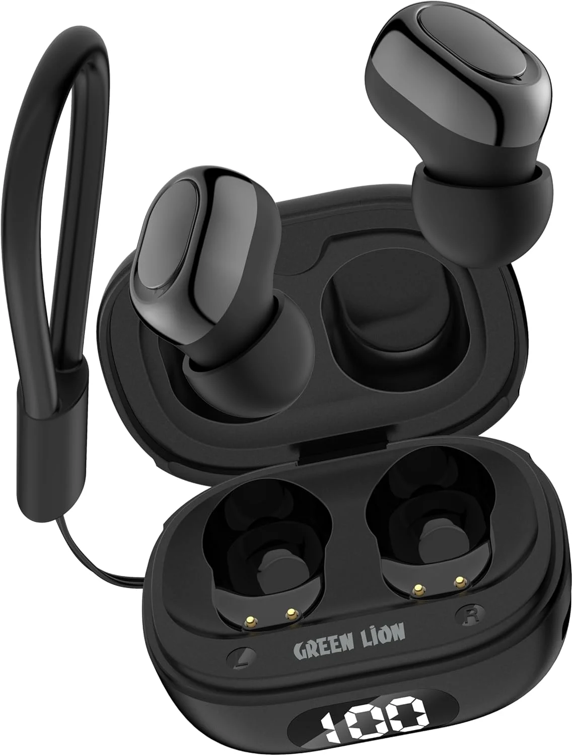 هدفون بی سیم Green Lion Mittersill، بلوتوث 5.4 با میکروفون دوگانه ENC برای تماس های شفاف، ضد آب IPX5، 6 ساعت پخش موسیقی و جعبه شارژ با نمایشگر دیجیتال (مشکی)