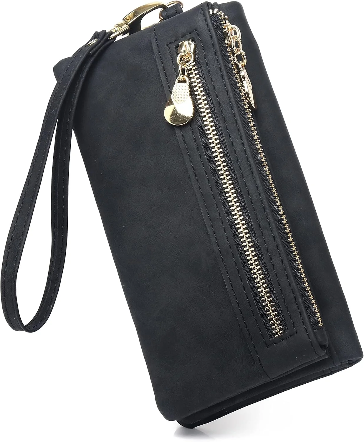 کیف پول زنانه چرم نرم TERRIFI - کیف بزرگ زنانه با چندین جای کارت، کیف کلاچ زیپ دار با بند مچی - مشکی