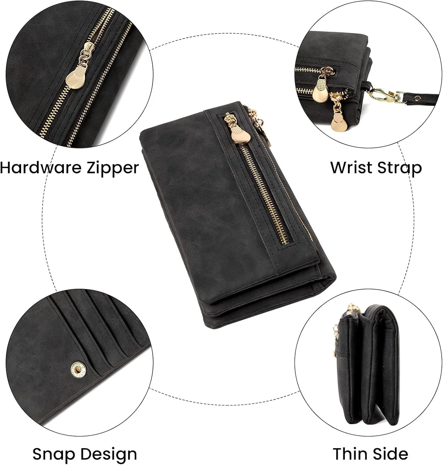 کیف پول زنانه چرم نرم TERRIFI - کیف بزرگ زنانه با چندین جای کارت، کیف کلاچ زیپ دار با بند مچی - مشکی کیف پول زنانه چرم نرم TERRIFI - کیف بزرگ زنانه با چندین جای کارت، کیف کلاچ زیپ دار با بند مچی - مشکی