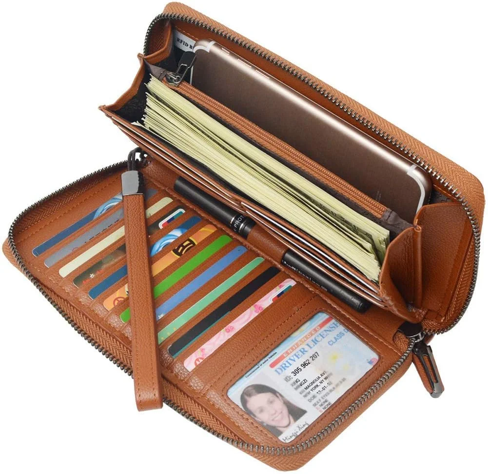 کیف پول زنانه چرم زیپ دار با ظرفیت بالا، مناسب برای تلفن همراه و مسافرت، قهوه ای، بزرگ