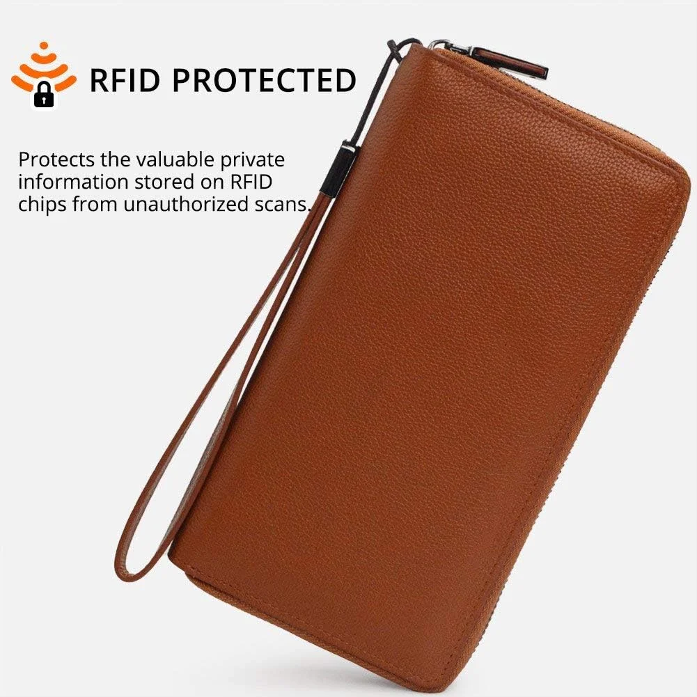 کیف پول زنانه چرم زیپ دار با ظرفیت بالا، مناسب برای تلفن همراه و مسافرت، قهوه ای، بزرگ