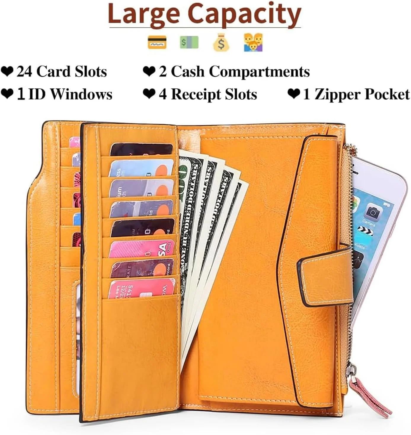 کیف پول چرمی زنانه اکسفور، کیف پول جادار با محفظه پول نقد و بند مچی