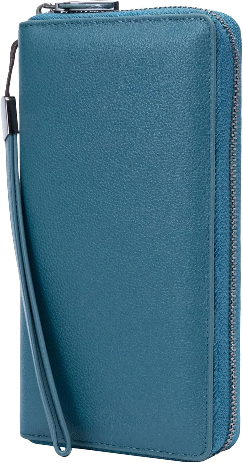 کیف پول زنانه چرم طبیعی بزرگ با زیپ، مناسب سفر، جای موبایل و 17 جای کارت