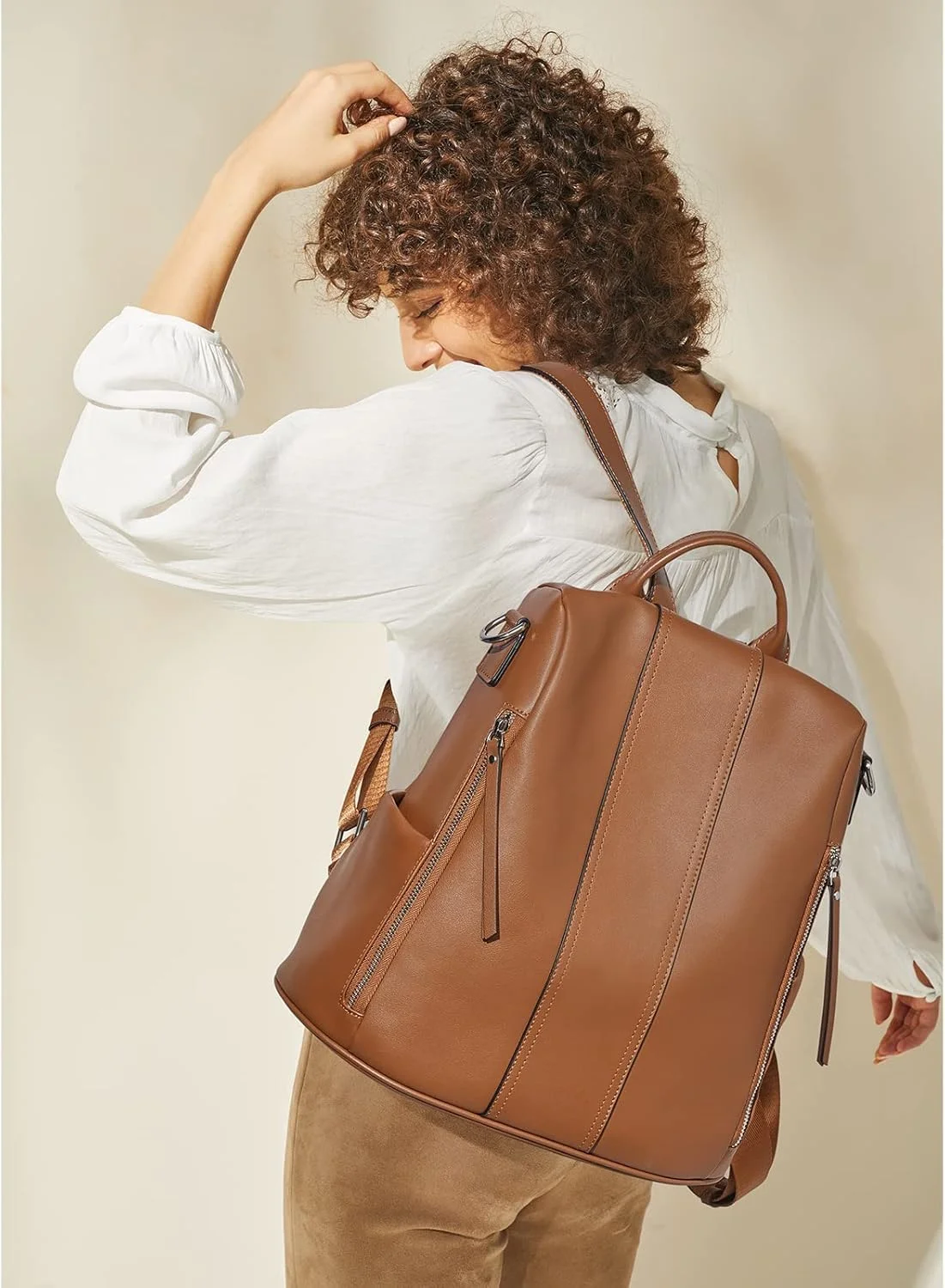 کیف کوله پشتی زنانه چرمی نرم S-ZONE، کیف ضد سرقت، کوله پشتی ضد آب زنانه، کیف مدرسه