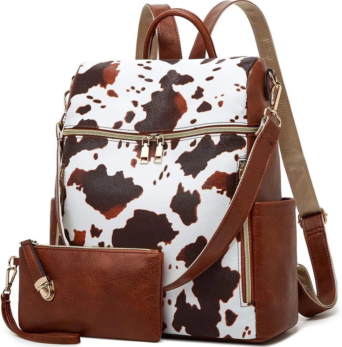 کیف کوله پشتی زنانه، کیف دستی چرمی PU، کیف دستی مسافرتی با طراحی تبدیل شونده به همراه کیف پول، ست 2 تکه 12 اینچی