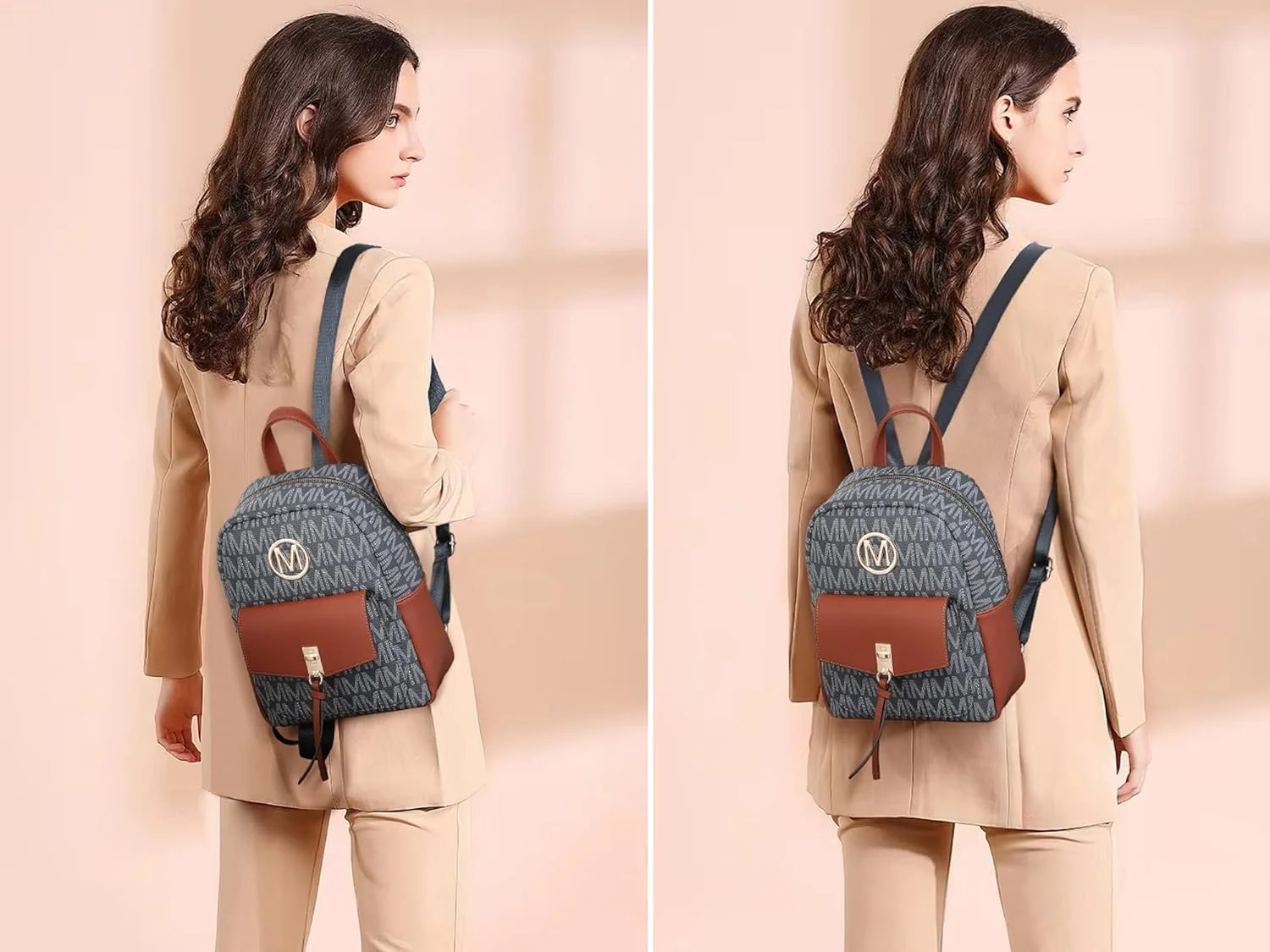 کیف کوله پشتی کوچک زنانه MKP، کوله پشتی شیک و فانتزی، کیف دستی و کیف دوشی با آویز تزئینی